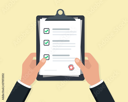 Businessman Hands holding clipboard checklist. Clipboard with checklist icon for web with green check boxes