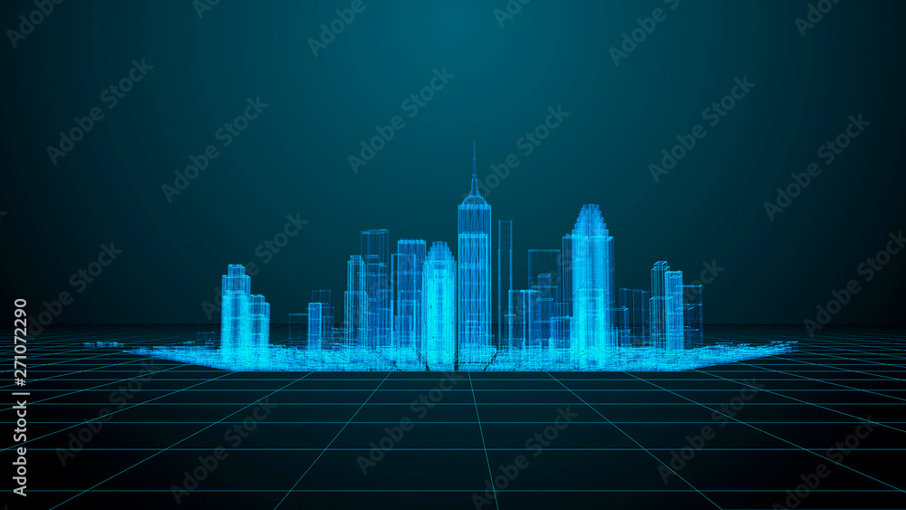 Digital Night City ,Digital concept. Technology and communication theme. Modern city wireframe render