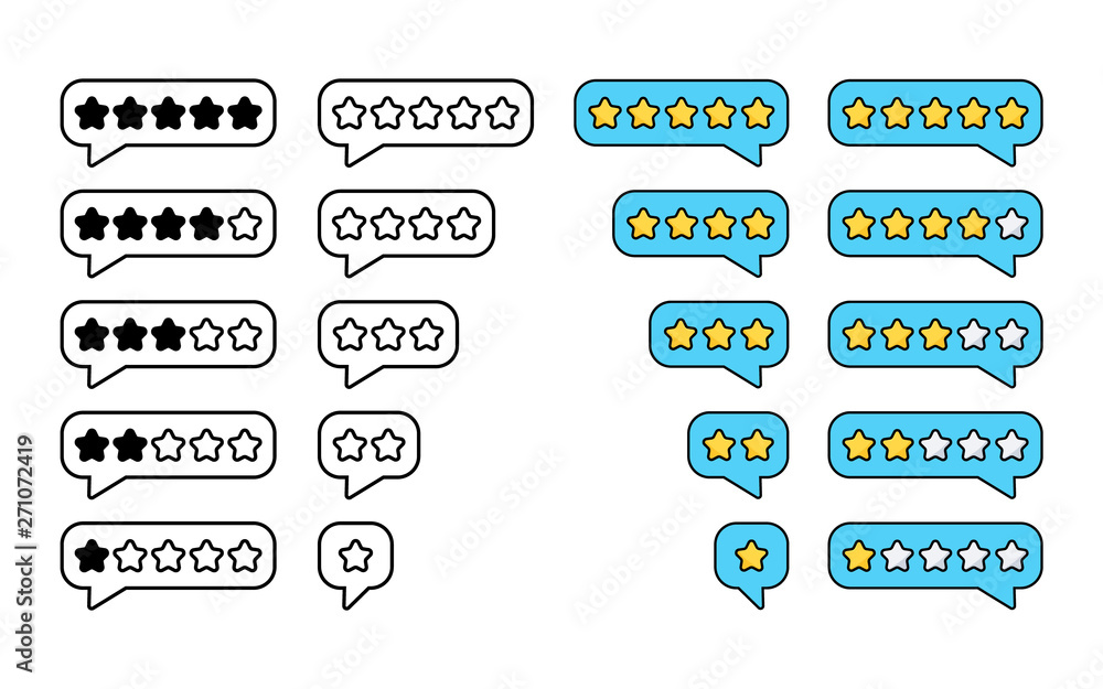 Set of Rating stars. Rating star badge. Review rating bubble flat vector illustration. Bubble speech with stars. Set of Rating stars. Rating star badge. Review rating bubble flat vector illustration. Bubble speech with stars.