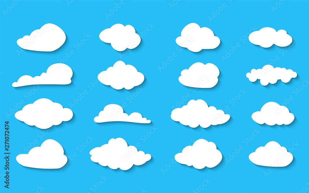 Clouds collection Vector illustration. White cloudy set isolated on blue background. White clouds of different shapes. Blue Cloud icon, cloud shape. Set of different sky. Clouds collection Vector illustration. White cloudy set isolated on blue background. White clouds of different shapes. Blue Cloud icon, cloud shape. Set of different sky.