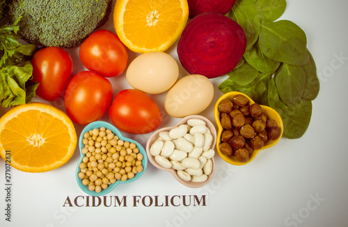 Healthy products and ingredients as source vitamin B9  acidum folicum   natural minerals  concept of nutritious eating.