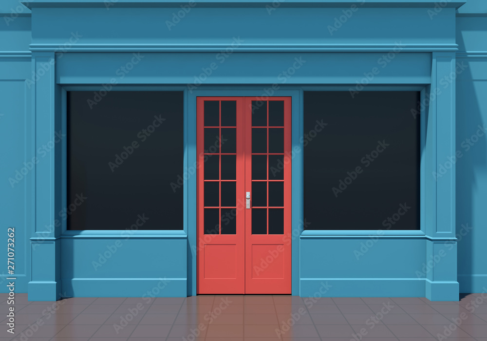 Classic blue shopfront with red door and large windows. Small business blue store facade