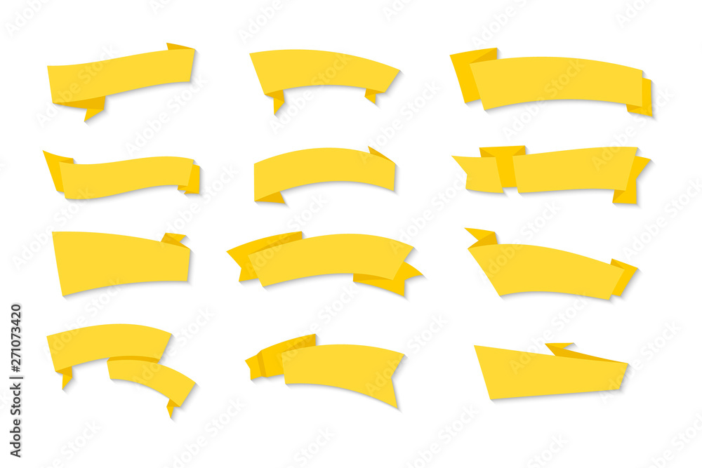 Ribbons Banners vector collection . Set of yellow Tapes in flat design isolated on background. Complete set of banners and ribbons Ribbons collections. Banners set.