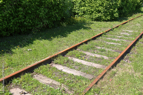 A rut of rusty rails and wooden sleepers in green grass