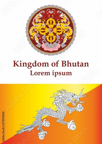 Flag of Bhutan, Kingdom of Bhutan. Template for award design, an official document with the flag of Bhutan. Bright, colorful vector illustration for graphic and web design.