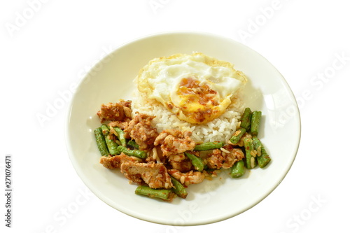 spicy stir fried pork with yard long bean curry topping egg on rice