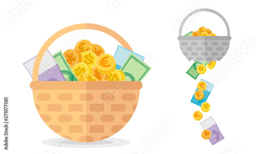 Basket with coins and banknotes and broken one. Investment concept about necessary of diversification vector illustration
