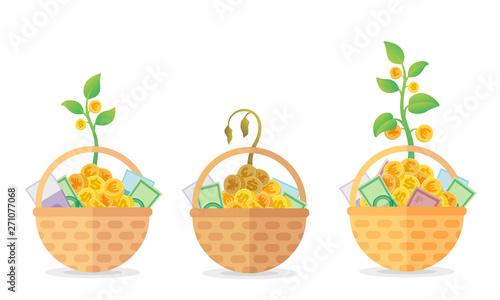 Illustration of investment idea, stocks and asset allocations: 3 different basket with money and growing plant with coins in it