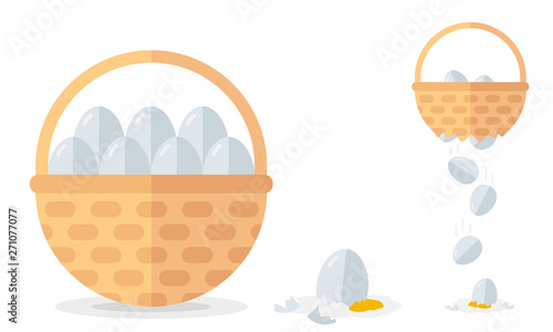 Financial diversification idea on basket with eggs example. Never put all eggs in one basket vector illustration