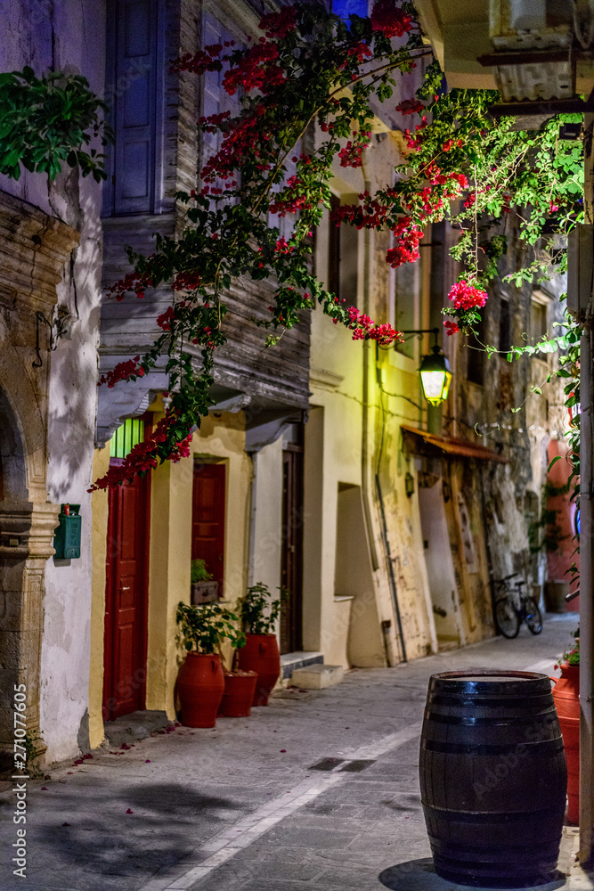 The streets of Rethymno city at night time. Crete island, Greece