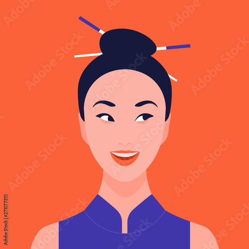 Portrait of a curious woman. Asian girl. Surprised face. Gossip, rumors and secrets. Vector illustration