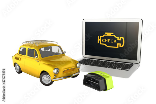 Car diagnostic concept Close up of laptop with OBD2 wireless scanner and retro car on white background 3d illustration without shadow photo