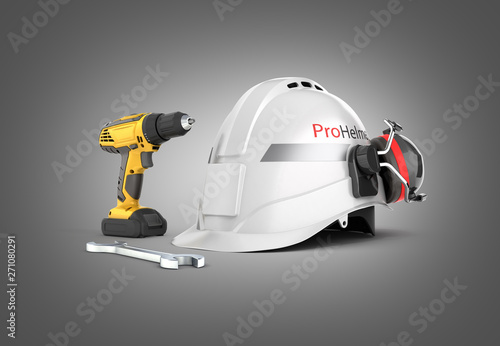 Illustration of construction and repair equipment Protective helmet and screwdriver with a wrench isolated on gray gradient background 3d render