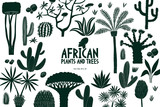 Fun hand drawn African plants and trees design template. Botanical background. Linocut style. Cactuses, palms, exotic trees vector illustration
