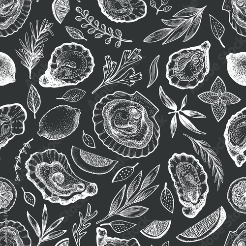 Oysters and spices seamless pattern. Hand drawn vector illustration on chalk board. Seafood banner. Can be used for design menu, packaging, recipes, label, fish market, seafood products.