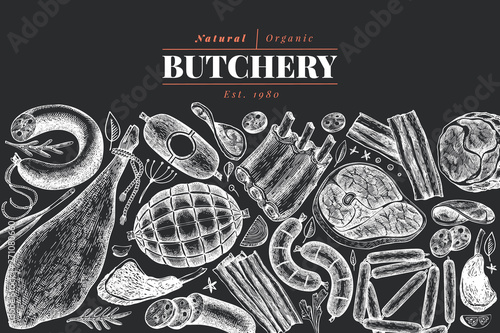 Vintage vector meat products design template. Hand drawn ham, sausages, jamon, spices and herbs. Raw food ingredients. Retro illustration on chalk board. Can be use for label, restaurant menu.