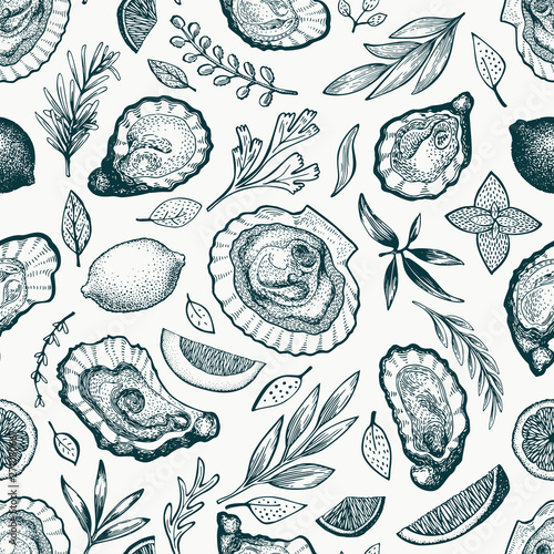 Oysters and spices seamless pattern. Hand drawn vector illustration. Seafood banner. Can be used for design menu, packaging, recipes, label, fish market, seafood products.