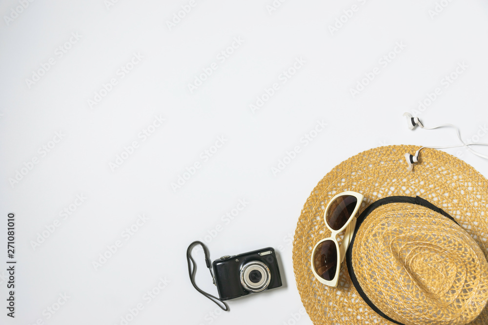 Fototapeta premium Flat lay, top view with hat,camera,