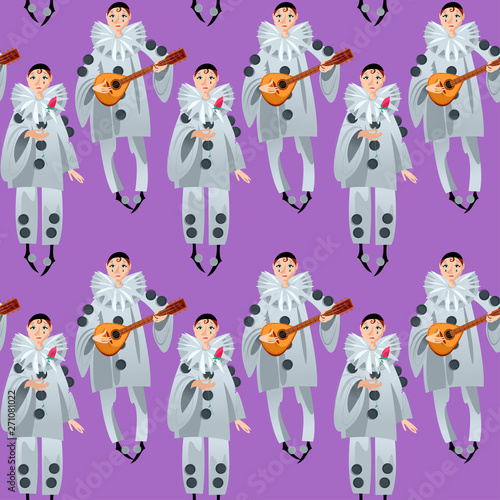 Pierrot playing mandolin and Pierrot with a rose. Сharacter of the Italian commedia dell’arte.  Seamless background pattern.