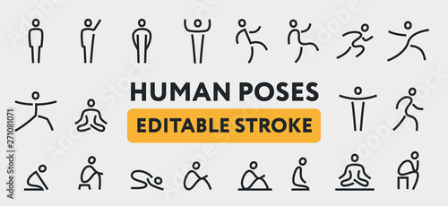 Human Man Body Poses. Line Icons Set. Positions, Yoga, Meditation, Standing, Waving Hand, Walking, Sitting, Running, Jumping, Praying, Stretching. Editable Stroke.