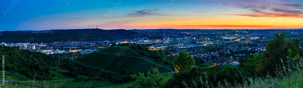 Fototapeta premium Germany, XXL panorama of downtown stuttgart city, houses and skyline from above in magic dawning atmosphere