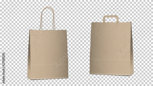 Shopping empty bags isolated, two different blank recyclable brown paper bags with handles for packaging and shopping