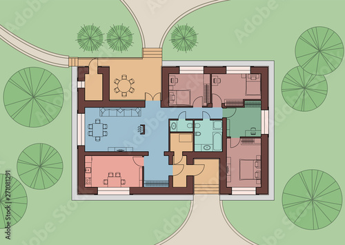 Architectural plan of a residential building on the land. Top view with furniture. Vector illustration.