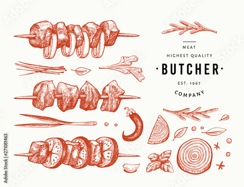 Retro vector meat illustration. Hand drawn shish kebabs, spices and herbs. Barbecue set. Vintage sketch. Can be use for label, restaurant menu.