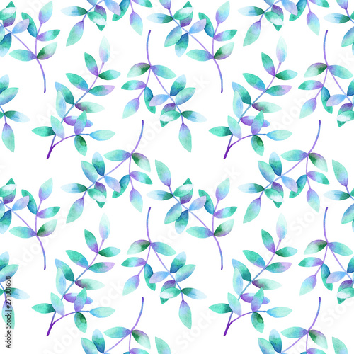 Beautiful branches with green purple blue leaves. Seamless pattern. Hand drawn watercolor illustration. Texture for print  fabric  textile  wallpaper.