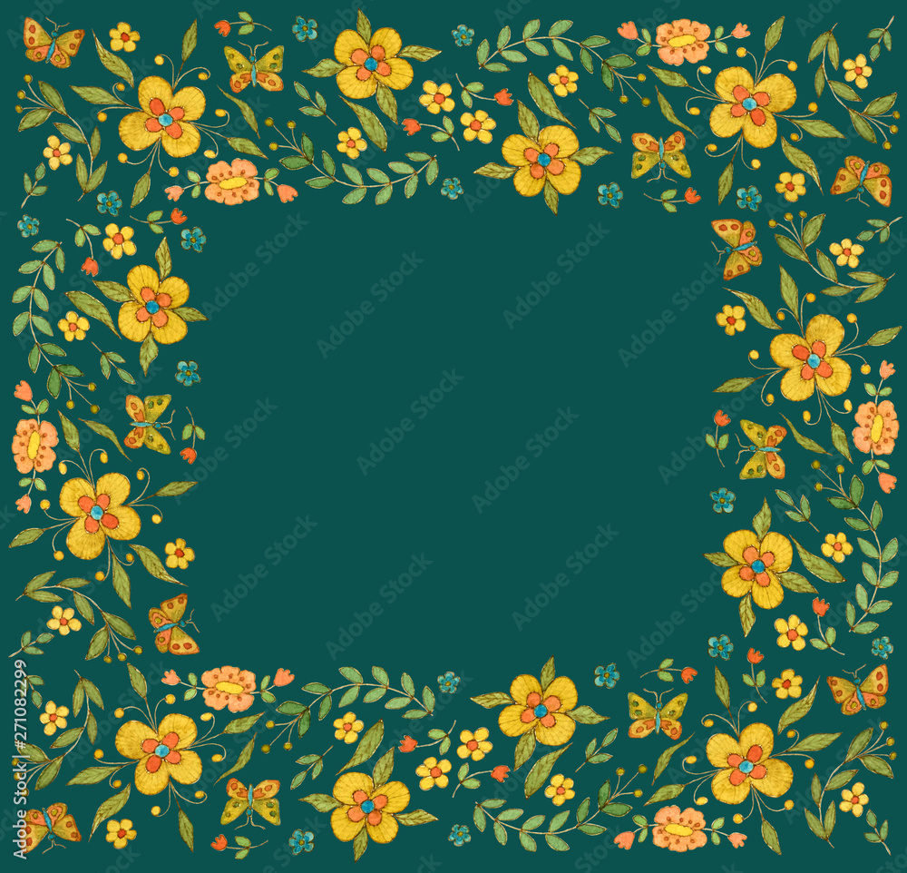 Watercolor square flower frame on dark background Watercolor square flower frame on dark background