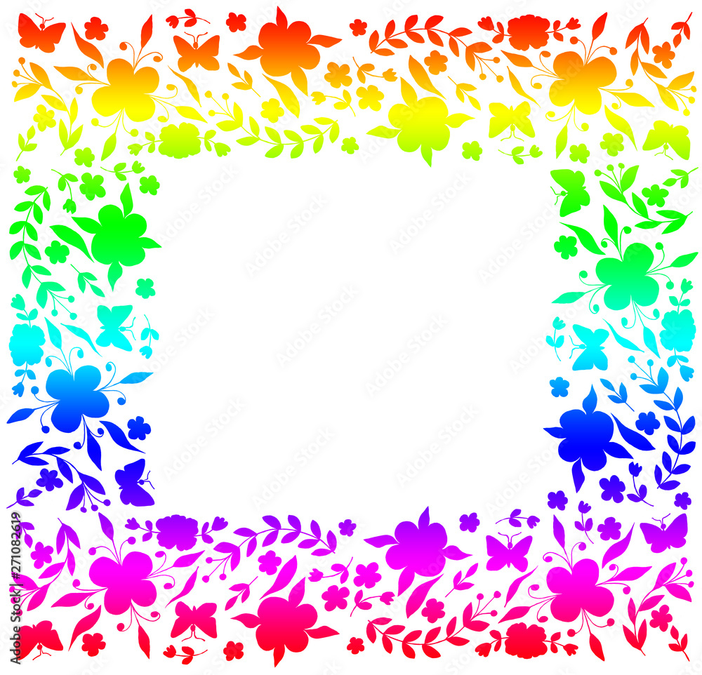 Square frame with colorful flowers on white background. Rainbow.