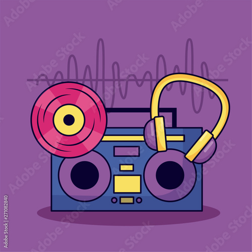 vintage boombox stereo vinyl and headphones music colorful background