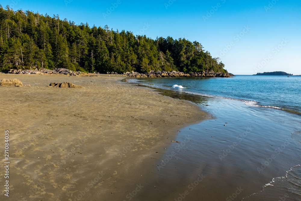 Long Beach Tofino, Vancouver Island, Canada, shot late afternoon with a bright blue sky, a few people in the far distance, the forest leading into the ocean