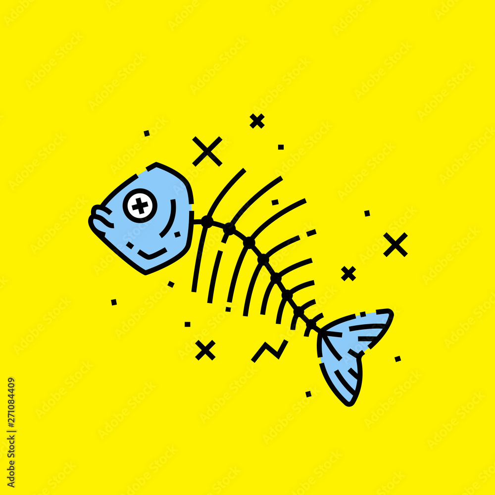 Dead fish head and bones icon. Blue cartoon fish skeleton graphic isolated  on yellow background. Vector illustration. Stock Vector | Adobe Stock