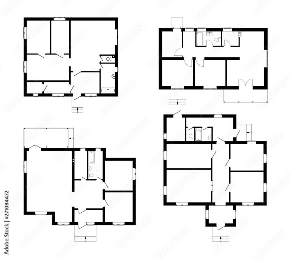 Set of ground floor blueprints. Vector unfurnished floor plans for your design. Suburban house set. - obrazy, fototapety, plakaty 
