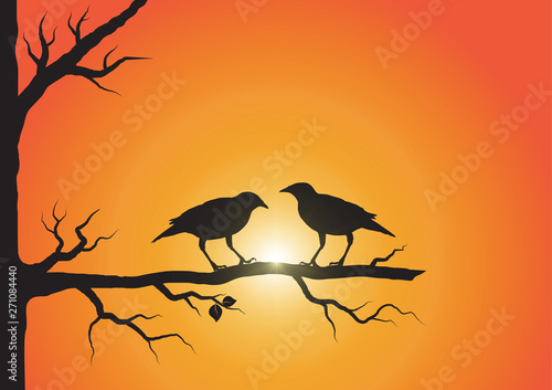 Silhouette of two birds on branch on sunrise background vector illustration