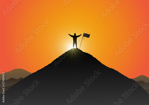 Silhouette of young man standing on the peak of mountain with hands up with flag on golden sunrise background, success, achievement and winning concept vector illustration