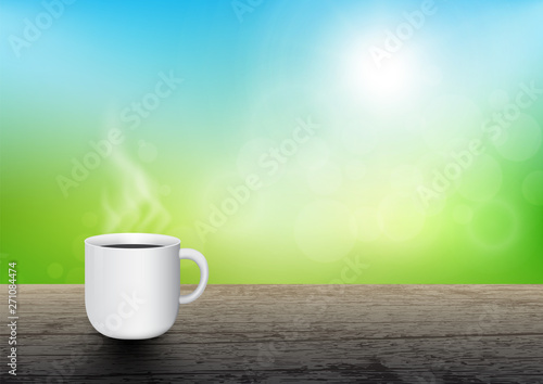 Hot coffee cup on vintage wooden table on nature background vector illustration