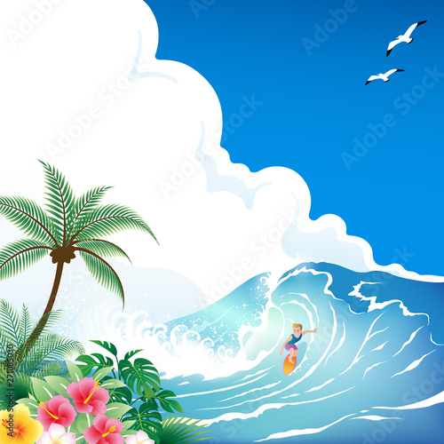 南国の青い海でサーフィンをする男性