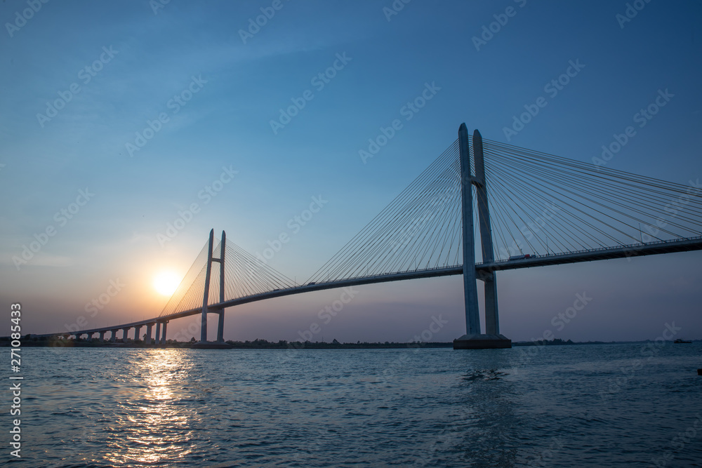 Neak Loeung bridge at PhnomPenh - Cambodia on sunset , this is a longest bridge at Cambodia