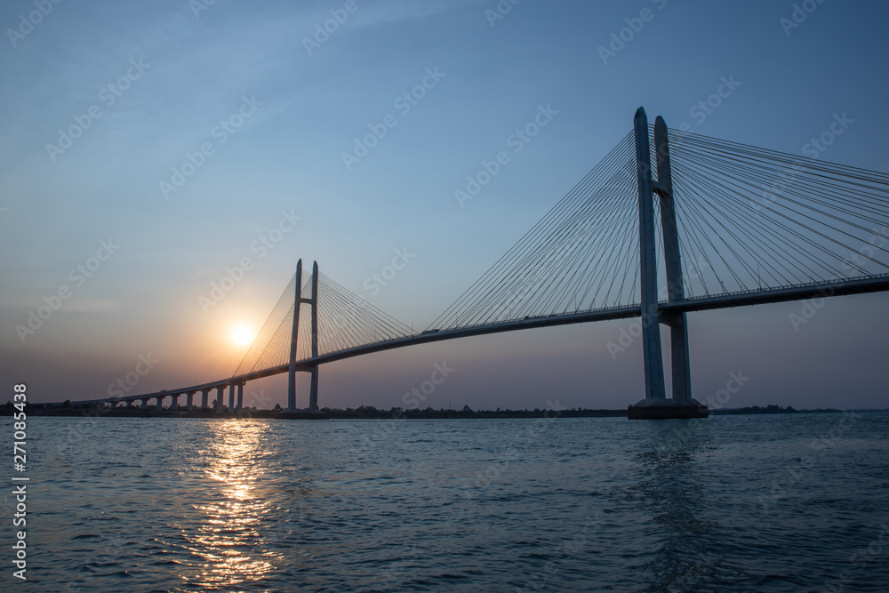 Neak Loeung bridge at PhnomPenh - Cambodia on sunset , this is a longest bridge at Cambodia