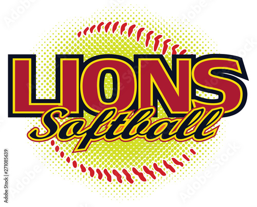Lions Softball Design is a lions mascot design template that includes team text and a stylized softball graphic in the background. Great for team or school t-shirts, promotions and advertising.