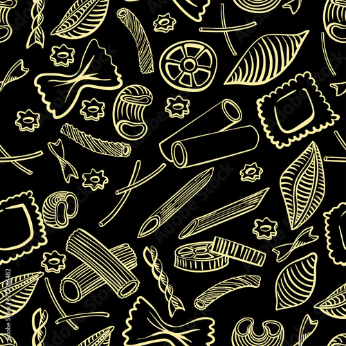 seamless pattern with italian macaroni of different kinds. light yellow coloured hand draw on black background