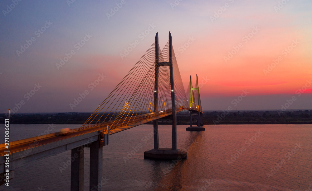 Neak Loeung bridge at PhnomPenh - Cambodia on sunset , this is a longest bridge at Cambodia