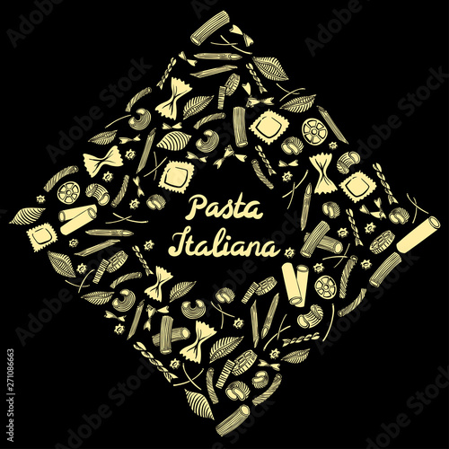 Square frame with italian macaroni of different kinds. light yellow coloured hand draw on black background