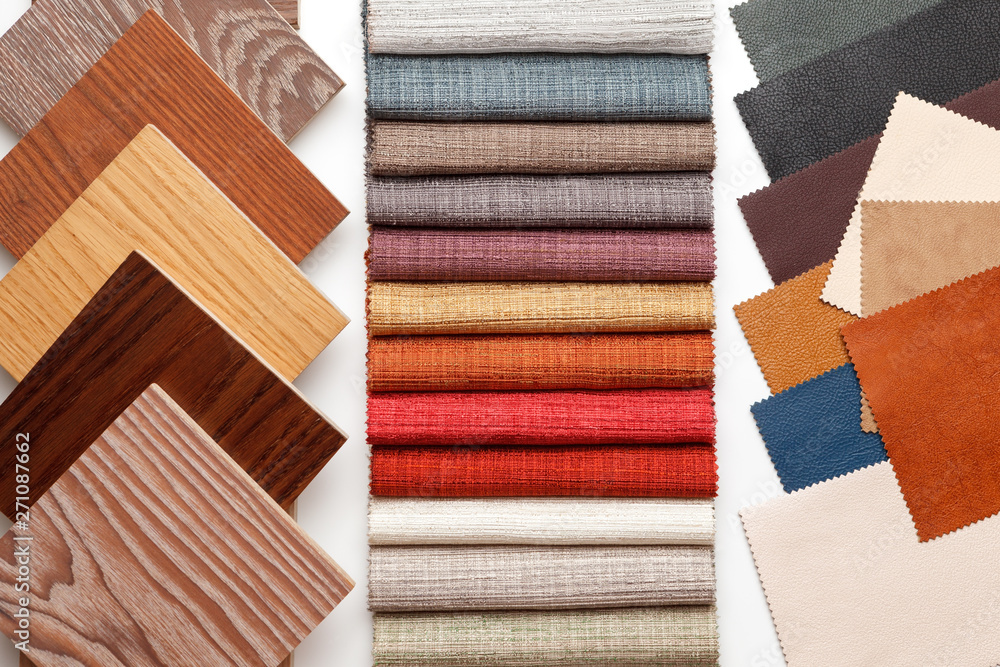 samples of parquet, fabric for curtains, and leather for the work of the interior designer. - obrazy, fototapety, plakaty 