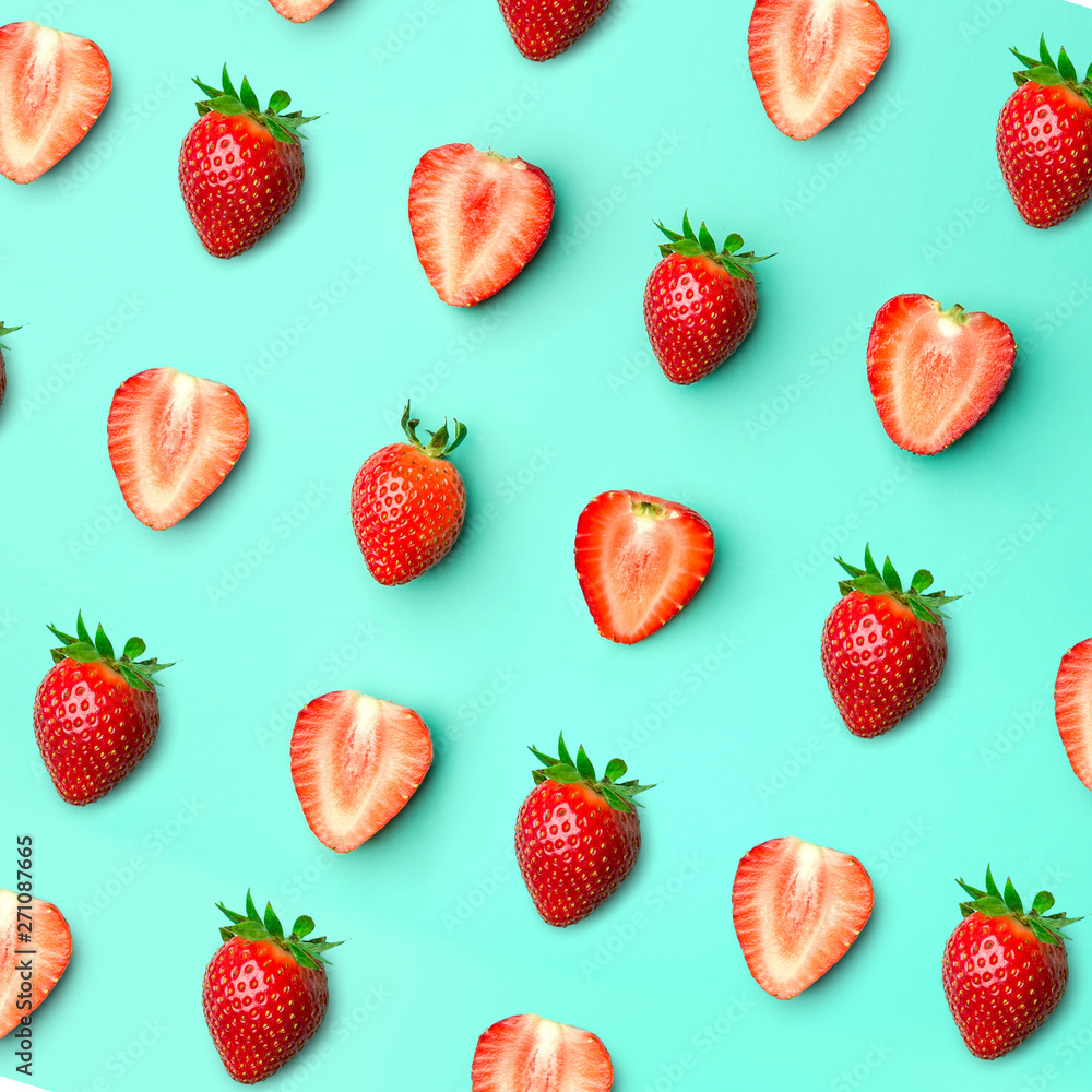 Strawberry. Pattern of strawberrys on colored background. Fresh natural strawberry cut into pieces. Strawberry of different shapes Strawberry. Pattern of strawberrys on colored background. Fresh natural strawberry cut into pieces. Strawberry of different shapes
