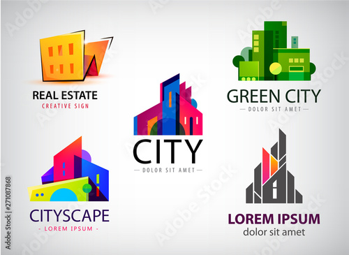 Vector Set of multicolored real estate logo designs for business visual identity, building, cityscape icons, houses, architecture