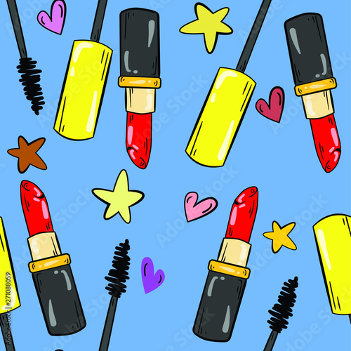 Seamless vector pattern with mascara, lipstick, stars and hearts on blue background. Wallpaper and fabric design. Good for printing. Wrapping paper pattern. Описание (на английском языке)15