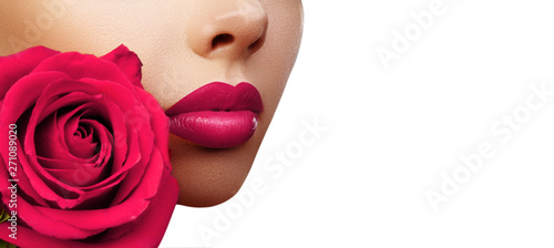 Lips with Bright Lipstick Makeup. Beautiful Macro with Tender Pink Rose Flowe...